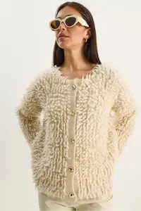 Bianco Lucci Women Oversized Fringed Knitwear Cardigan 9062 - Image 3