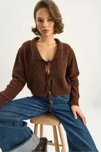Bianco Lucci Women's Collared Tie Detailed Knitwear Cardigan 9061