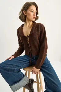 Bianco Lucci Women's Collared Tie Detailed Knitwear Cardigan 9061 - Image 2