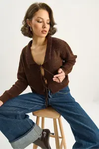 Bianco Lucci Women's Collared Tie Detailed Knitwear Cardigan 9061 - Image 3