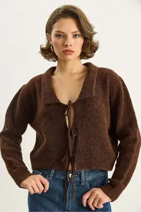 Bianco Lucci Women's Collared Tie Detailed Knitwear Cardigan 9061 - Image 5