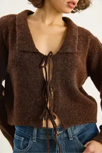 Bianco Lucci Women's Collared Tie Detailed Knitwear Cardigan 9061 - Image 6
