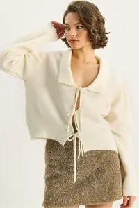 Bianco Lucci Women's Collared Tie Detailed Knitwear Cardigan 9061