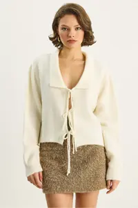 Bianco Lucci Women's Collared Tie Detailed Knitwear Cardigan 9061 - Image 2