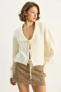 Bianco Lucci Women's Collared Tie Detailed Knitwear Cardigan 9061 - Image 3