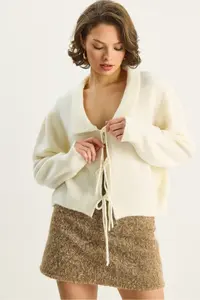 Bianco Lucci Women's Collared Tie Detailed Knitwear Cardigan 9061 - Image 5