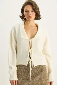 Bianco Lucci Women's Collared Tie Detailed Knitwear Cardigan 9061 - Image 6