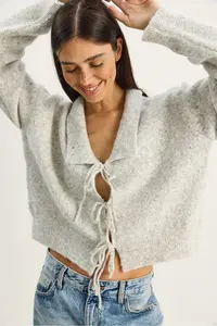 Bianco Lucci Women's Collared Tie Detailed Knitwear Cardigan 9061 - Image 2