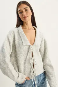Bianco Lucci Women's Collared Tie Detailed Knitwear Cardigan 9061 - Image 4