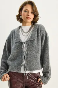 Bianco Lucci Women's Collared Tie Detailed Knitwear Cardigan 9061