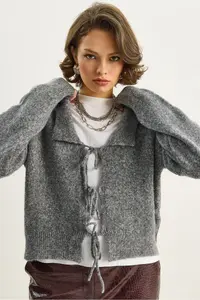 Bianco Lucci Women's Collared Tie Detailed Knitwear Cardigan 9061 - Image 3