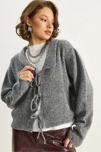 Bianco Lucci Women's Collared Tie Detailed Knitwear Cardigan 9061 - Image 4
