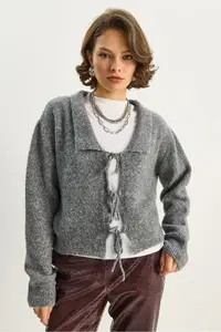 Bianco Lucci Women's Collared Tie Detailed Knitwear Cardigan 9061 - Image 5