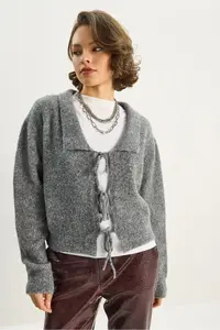 Bianco Lucci Women's Collared Tie Detailed Knitwear Cardigan 9061 - Image 6