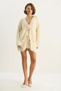 Bianco Lucci Women's Bearded Soft Textured Knitwear Cardigan with Tie Detail 9064 - Image 2