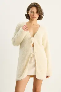 Bianco Lucci Women's Bearded Soft Textured Knitwear Cardigan with Tie Detail 9064 - Image 3
