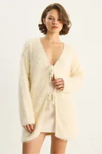 Bianco Lucci Women's Bearded Soft Textured Knitwear Cardigan with Tie Detail 9064 - Image 4