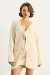 Bianco Lucci Women's Bearded Soft Textured Knitwear Cardigan with Tie Detail 9064 - Image 6