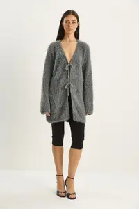 Bianco Lucci Women's Bearded Soft Textured Knitwear Cardigan with Tie Detail 9064