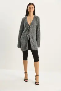 Bianco Lucci Women's Bearded Soft Textured Knitwear Cardigan with Tie Detail 9064 - Image 2