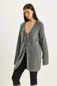Bianco Lucci Women's Bearded Soft Textured Knitwear Cardigan with Tie Detail 9064 - Image 4