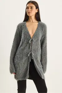 Bianco Lucci Women's Bearded Soft Textured Knitwear Cardigan with Tie Detail 9064 - Image 6