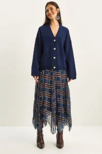 Bianco Lucci Women's Plaid Patterned Wrinkle Effect Lined Midi Chiffon Skirt