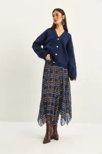 Bianco Lucci Women's Plaid Patterned Wrinkle Effect Lined Midi Chiffon Skirt - Image 3