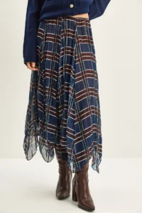 Bianco Lucci Women's Plaid Patterned Wrinkle Effect Lined Midi Chiffon Skirt - Image 5