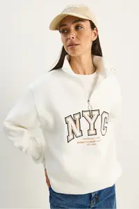 Bianco Lucci Women's NYC Embroidered Collar Zippered Three Thread Ribbed Oversized Sweatshirt - Image 2