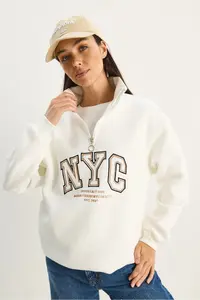 Bianco Lucci Women's NYC Embroidered Collar Zippered Three Thread Ribbed Oversized Sweatshirt - Image 4