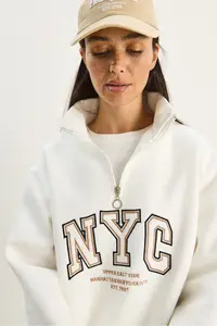 Bianco Lucci Women's NYC Embroidered Collar Zippered Three Thread Ribbed Oversized Sweatshirt - Image 7