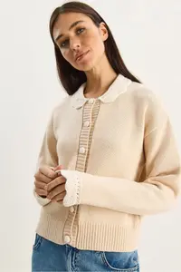 Bianco Lucci Women's Knitted Baby Collar Sleeve Detailed Knitwear Cardigan