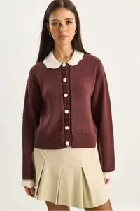 Bianco Lucci Women's Knitted Baby Collar Sleeve Detailed Knitwear Cardigan