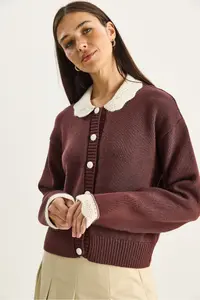 Bianco Lucci Women's Knitted Baby Collar Sleeve Detailed Knitwear Cardigan - Image 3