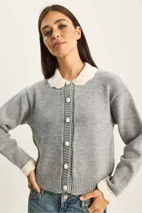 Bianco Lucci Women's Knitted Baby Collar Sleeve Detailed Knitwear Cardigan - Image 5