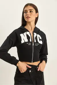 Bianco Lucci Women's NYC Embroidered Three Thread Charm Hooded Crop Cardigan 6942 - Image 2