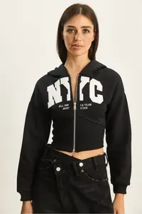 Bianco Lucci Women's NYC Embroidered Three Thread Charm Hooded Crop Cardigan 6942 - Image 3