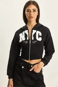 Bianco Lucci Women's NYC Embroidered Three Thread Charm Hooded Crop Cardigan 6942 - Image 4