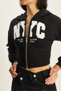 Bianco Lucci Women's NYC Embroidered Three Thread Charm Hooded Crop Cardigan 6942 - Image 5