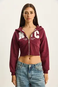 Bianco Lucci Women's NYC Embroidered Three Thread Charm Hooded Crop Cardigan 6942 - Image 2