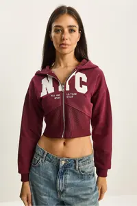Bianco Lucci Women's NYC Embroidered Three Thread Charm Hooded Crop Cardigan 6942 - Image 3