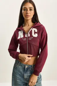 Bianco Lucci Women's NYC Embroidered Three Thread Charm Hooded Crop Cardigan 6942 - Image 4