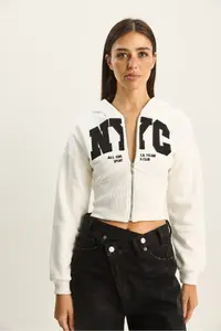 Bianco Lucci Women's NYC Embroidered Three Thread Charm Hooded Crop Cardigan 6942 - Image 2