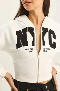 Bianco Lucci Women's NYC Embroidered Three Thread Charm Hooded Crop Cardigan 6942 - Image 4