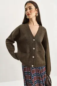 Bianco Lucci Women's Buttoned Pocket Detailed V-Neck Long Sleeve Knitwear Cardigan - Image 3