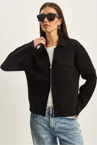 Bianco Lucci Women's Double Pocket Detailed Zipper Closure Knitwear Jacket Cardigan