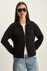 Bianco Lucci Women's Double Pocket Detailed Zipper Closure Knitwear Jacket Cardigan - Image 3