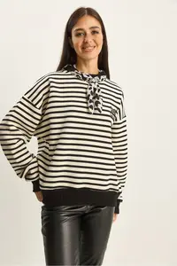 Bianco Lucci Women's Scarf Detailed Leopard Embroidered Striped Three Thread Raised Oversized Sweatshirt 6973 - Image 2