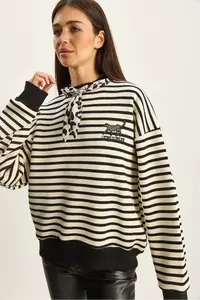 Bianco Lucci Women's Scarf Detailed Leopard Embroidered Striped Three Thread Raised Oversized Sweatshirt 6973 - Image 5